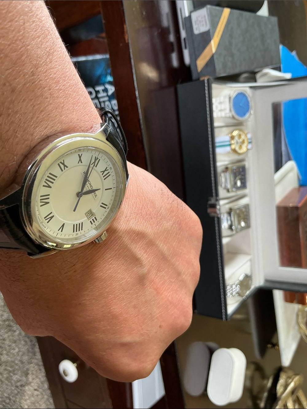 Raymond Weil Silver Case White Dial Watch with Black Leather Strap - Picture 7 of 8